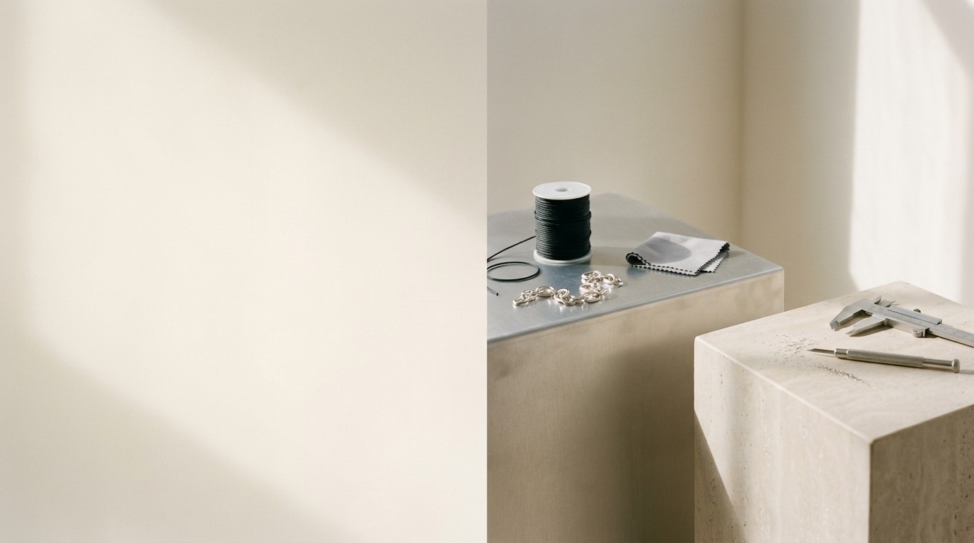 A jeweller's atelier: a spool of black waxed cord, sterling silver links and a polishing cloth on a brushed aluminium shelf, with a caliper and engraving tool resting on a travertine pedestal in raking sunlight